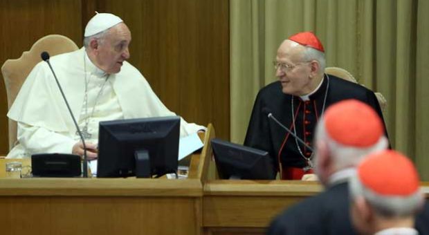 Pope Francis chats with Ungarian cardinal and archbisop of Budapest cardinal Peter Erdo (R) as he arrives at the Synod Hall for the Synod on the themes of family on October 6, 2014 in Vatican City, Vatican. 