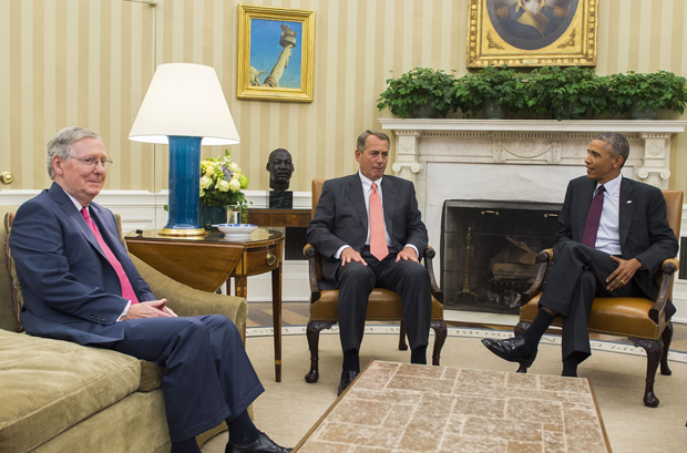 President Barack Obama meets with then-Senate Minority Leader Mitch McConnell, R-KY (far left) and Speaker of the House John Boehner, R-OH (center) during a Sep. 9 bipartisan meeting in the Oval Office.
