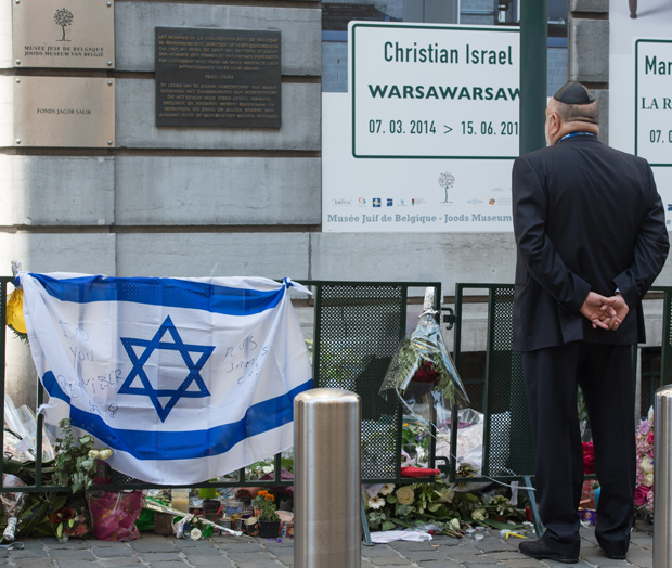 A man takes part in a solidarity ceremony of the World Jewish Congress after the killings at the Jewish museum in Brussels on June 2, 2014. Three people were reported dead, two Israeli tourists and a French woman working as a volunteer at the museum. 