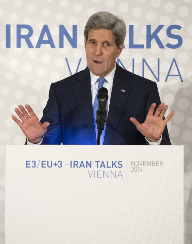 US Secretary of State John Kerry delivers a statement in Vienna on the status of negotiations over Iran's nuclear program before he leaves Vienna on November 24, 2014. Kerry defended extending a deadline for a deal with Iran, saying "real and substantial progress" was made during talks in Vienna and calling on US lawmakers not to impose new sanctions on Tehran.           