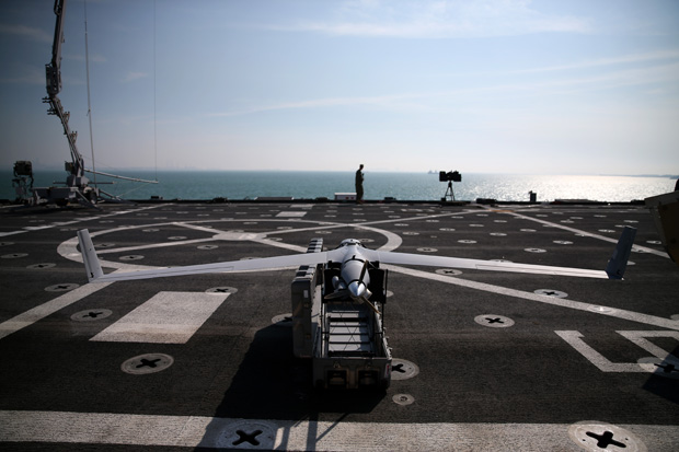 A Scan Eagle drone sits on the deck of the USS Ponce.