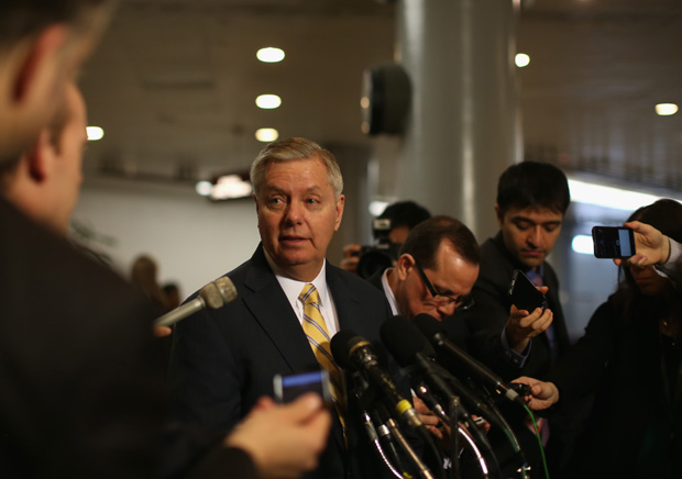 Sen. Lindsey Graham (R-SC) talks to the media March 10 about the GOP letter sent to Iran, outside the U.S. Capitol in Washington, D.C.