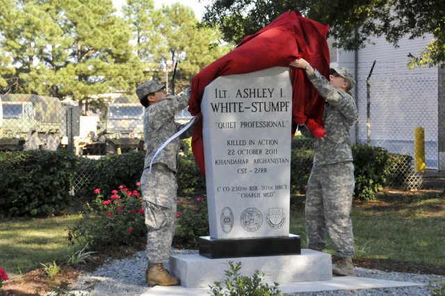 This 2013 photo shows the unveiling of a monument in memory of 1st Lt. Ashley White-Stumpf at the Goldsboro National Guard Armory in North Carolina. 