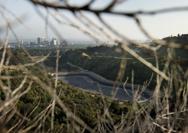 An empty water reservoir is seen April 5 in the hills above Los Angeles as a severe drought continues to affect the state of California.