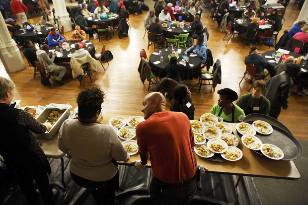 Food is served at Broad Street Ministry (BSM) during a lunch for the homeless and those in financial distress  in Philadelphia, Pennsylvania. Philadelphia has the highest rate of deep poverty in America.