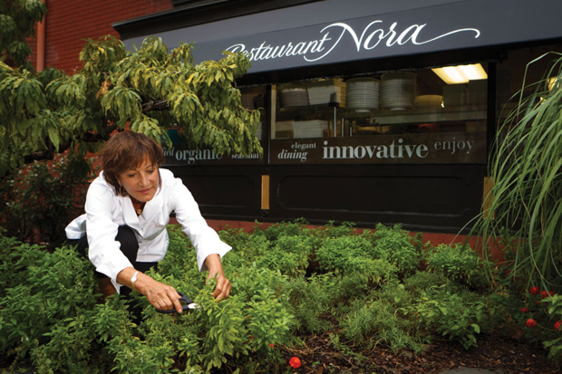 Chef Nora Pouillon outside Restaurant Nora, the first certified organic restaurant in the U.S. 