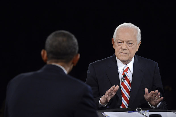 Moderator Bob Schieffer of CBS looks on during a 2012 presidential debate  at Lynn University in Boca Raton, Florida.  