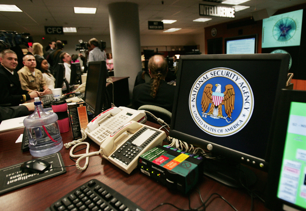 This file photo shows a computer workstation bearing the National Security Agency (NSA) logo inside the Threat Operations Center in Fort Meade, Maryland.