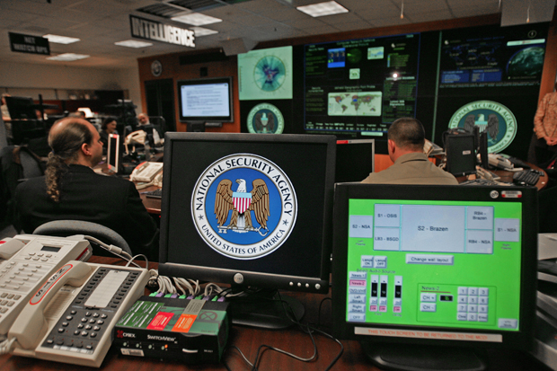 A computer workstation bears the National Security Agency (NSA) logo inside the Threat Operations Center in the Washington suburb of Fort Meade, Maryland.