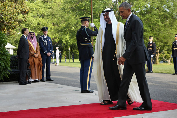 President Barack Obama (R) welcomes Sheikh Mohamed bin Zayed Al Nahyan, Crown Prince of Abu Dhabi, to the White House on May 13 in Washington, D.C.  