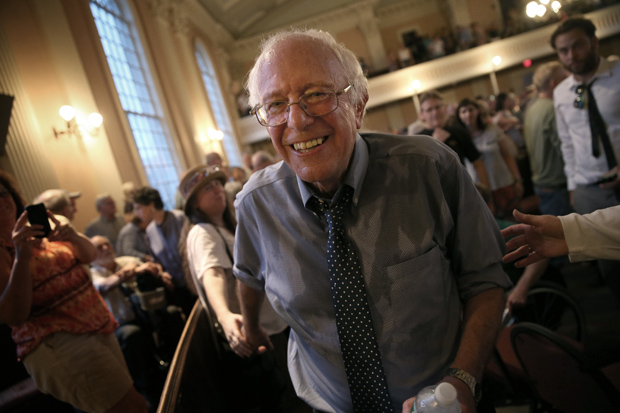 Democratic presidential candidate and U.S. Sen. Bernie Sanders (I-VT) finishes greeting supporters following a packed town meeting May 27 at the South Church in Portsmouth, New Hampshire.  