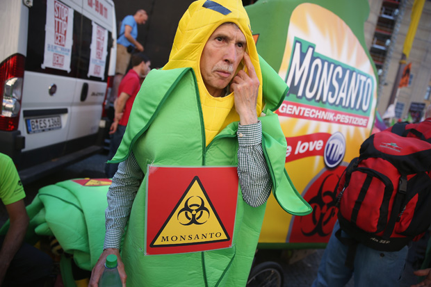 An activist dressed as an ear of corn June 4 protests against the U.S. agriculture company Monsanto ahead of the upcoming G7 summit in Munich, Germany. 