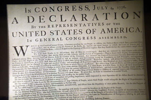 The Declaration of Independence on display at Independence Hall in Philadelphia.  