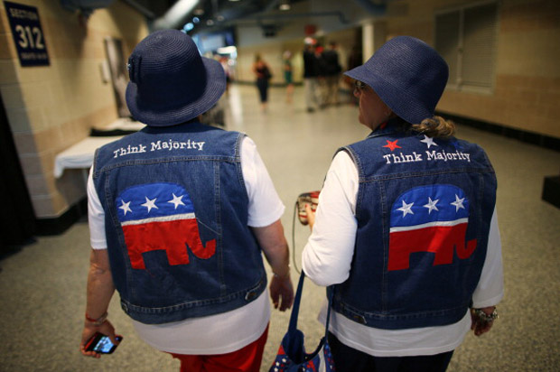 Pat Tippett of Baxley, Georgia, and Linda Dennison, of Blackshear, Georgia, attend the 2012 Republican National Convention in Tampa, Florida. 