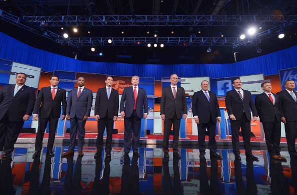 Republican presidential candidates arrive on stage Aug. 6 for the Republican presidential debate at the Quicken Loans Arena in Cleveland, Ohio.  
