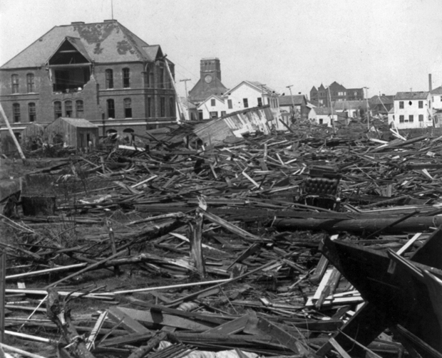 A photograph shows the view looking North from Ursuline Academy in September 1900, after a hurricane hit Galveston, Texas. 