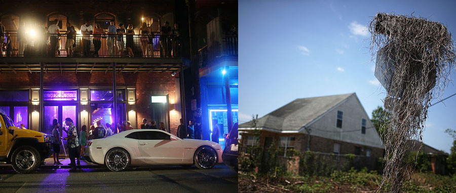 These photos, both taken Aug. 24, show two different versions of New Orleans — The recovered Frenchmen Street (left) and the  Lower Ninth Ward, much of which has yet to be rebuilt (right) — 10 years after Hurricane Katrina.