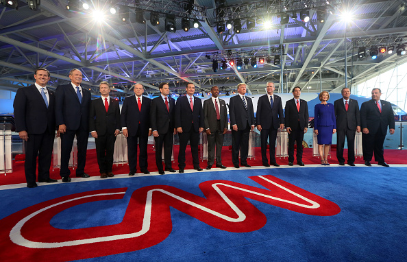 Republican presidential candidates (L-R) Rick Santorum, George Pataki, U.S. Sen. Rand Paul (R-KY), Mike Huckabee, U.S. Sen. Marco Rubio (R-FL) , U.S. Sen. Ted Cruz (R-TX),  Ben Carson, Donald Trump, Jeb Bush, Wisconsin Gov. Scott Walker, Carly Fiorina, Ohio Gov. John Kasich and New Jersey Gov. Chris Christie stand onstage during the Sept. 16 presidential debates at the Reagan Library in Simi Valley, California. 