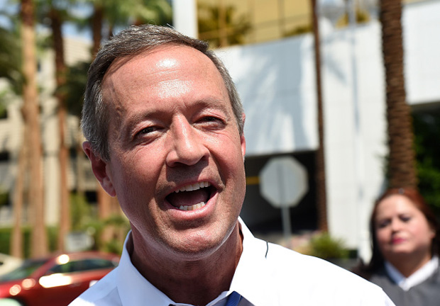 Democratic presidential candidate Martin O'Malley speaks Aug. 19 while standing in front of the Trump International Hotel & Tower in Las Vegas, Nevada.