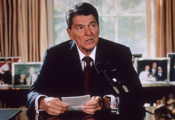 This 1985 photo shows American president Ronald Reagan making an announcement from his desk at the White House in Washington, D.C.  