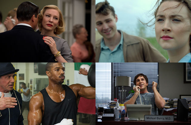 Clockwise from top left: Cate Blanchett in <em>Carol</em>. Emory Cohen and Saoirse Ronan in <em>Brooklyn</em>. Christian Bale in <em>The Big Short</em>. Sylvester Stallone and Michael B. Jordan in <em>Creed</em>. 