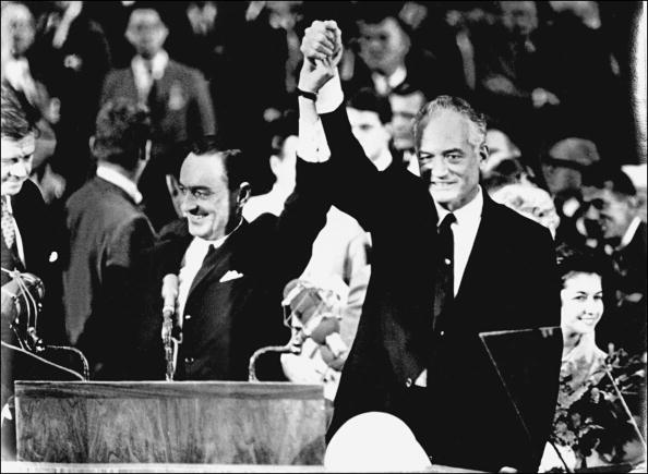 Presidential hopeful Barry Goldwater, right, and his running mate William Miller accept the Republican Party nomination in San Francisco in July 1964.