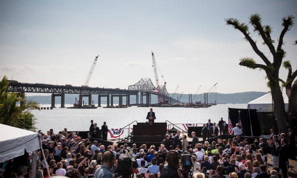U.S. President Barack Obama delivers remarks on infrastructure in the United States with the Tappan Zee Bridge and construction for a new bridge as a backdrop at the Washington Irving Boat Club on May 14, 2014 in Tarrytown, New York.