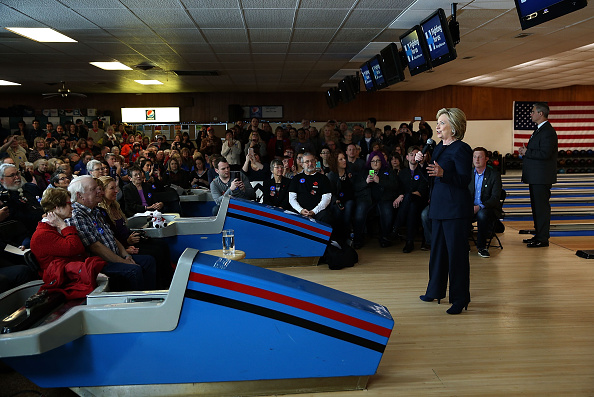 Democratic presidential candidate Hillary Clinton speaks during a "get out the caucus" event at the Adel Family Fun Center on Wednesday in Adel, Iowa. 