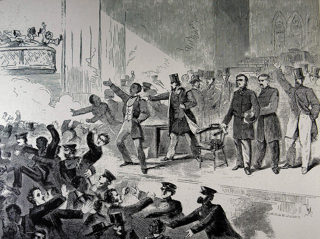 A 1938 cartoon from Harper's Weekly depicts an Antebellum Period abolitionist meeting being broken up in Boston.