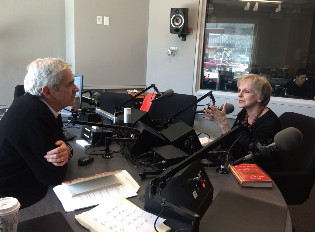 Guest host Tom Gjelten and personal finance expert Jane Bryant Quinn in our studios during our March 8 show.