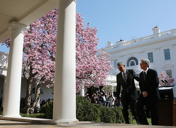 Judge Merrick B. Garland and President Barack Obama depart after Garland was nominated to the U.S. Supreme Court in the Rose Garden at the White House on March 16 in Washington, DC.