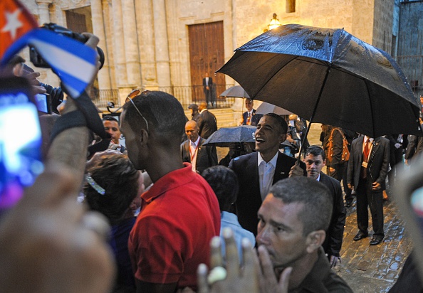 U.S. President Barack Obama talks to tourists and Cubans at his arrival to the Havana Cathedral, on March 20. On Sunday, Obama became the first US president in 88 years to visit Cuba, touching down in Havana for a landmark trip aimed at ending decades of Cold War animosity.