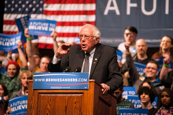 Democratic presidential candidate Sen. Bernie Sanders (D-VT) speaks during a rally on April 5 in Laramie, Wyoming. Sanders spoke to a large crowd on the University of Wyoming campus after winning the primary in Wisconsin.