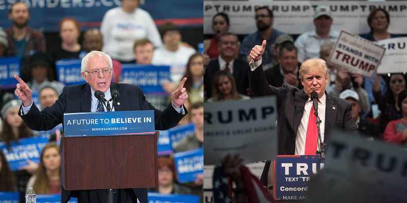 Presidential candidates Sen. Bernie Sanders (L) and Donald Trump have each made comments about U.S. trade policy during their campaigns.