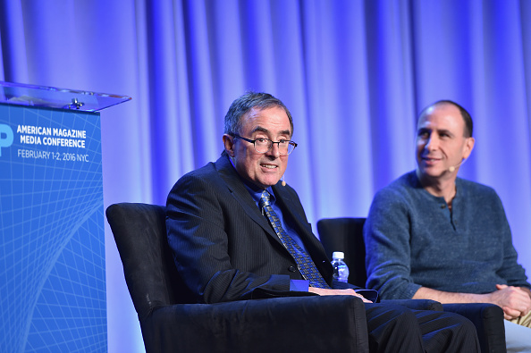 Journalist Michael Kinsley (L) speaks onstage with Jonathan Chait at the American Magazine Media Conference on February 2 in New York City.
