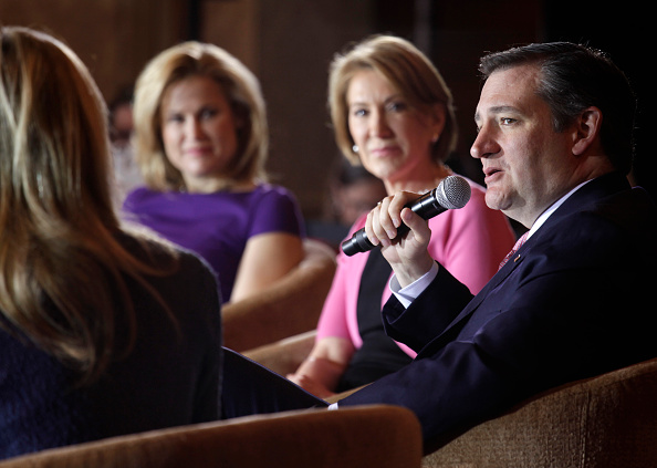 Republican Presidential candidate Senator Ted Cruz (R-TX) speaks to guests at a town hall event called "Women for Cruz" Coalition Rollout with wife Heidi, mother Eleanor Cruz, and former Republican candidate Carly Fiorina March 30 in Madison, Wisconsin. On April 27, Cruz announced Fiorina as his vice presidential running mate.