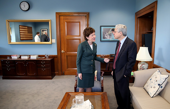 U.S. Sen. Susan Collins (R-ME) meets with Supreme Court Justice nominee Merrick Garland in her office on Capitol Hill April 5 in Washington, DC.