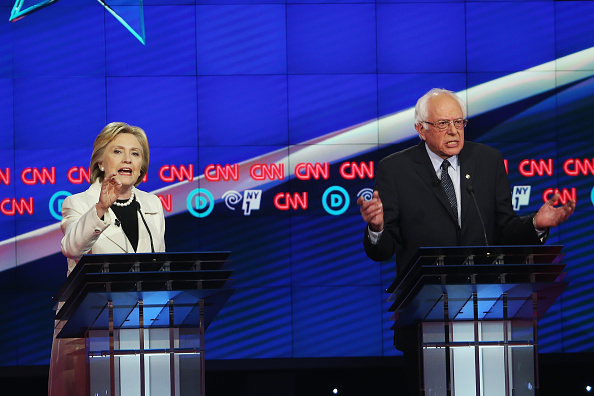 Democratic Presidential candidates Hillary Clinton and Sen. Bernie Sanders (D-VT) debate during the CNN Democratic Presidential Primary Debate at the Duggal Greenhouse in the Brooklyn Navy Yard on April 14 in New York City.