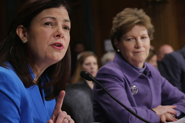 New Hampshire senators Kelly Ayotte (R-NH) (L) and Jeanne Shaheen (D-NH) testify before the Judiciary Committee on January 27 in Washington, DC. Ayotte's Senate seat is considered to be one of the GOP's most at-risk in the upcoming election.