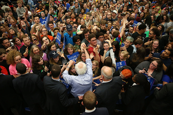 Democratic presidential candidate Bernie Sanders (D-VT) shakes hands with people during a campaign rally at the Century Center on May 1 in South Bend, Indiana. Sanders won Indiana's primary on Tuesday, May 3.