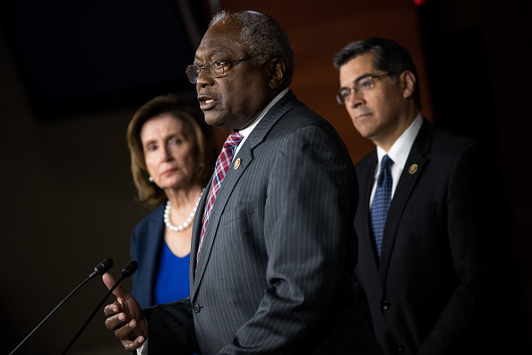L to R, House Minority Leader Nancy Pelosi (D-CA), Rep. James Clyburn (D-SC) and Rep. Xavier Becerra (D-CA) take questions during a news conference to discuss the rhetoric of presidential candidate Donald Trump, at the U.S. Capitol, May 11 in Washington, DC.