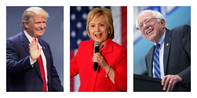 From left: Donald Trump (R), Former Secretary of State Hillary Clinton (D) and Vermont Sen. Bernie Sanders (I)  are the three remaining candidates in the 2016 presidential race.