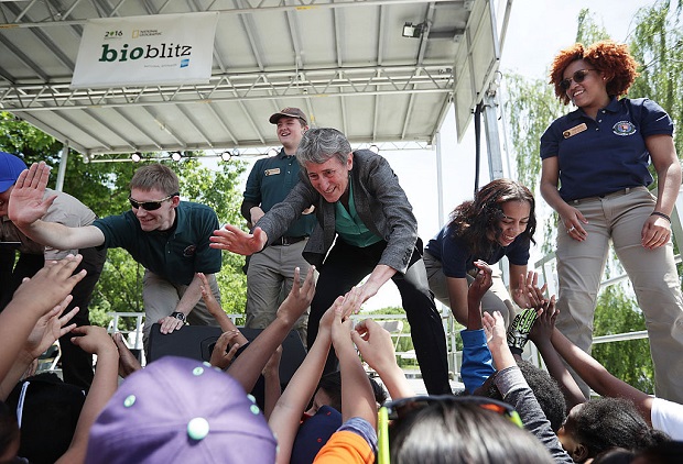Interior Secretary Jewell high-fives students during the May 20 launch of "National Parks Blitz"—part of the National Parks Service Centennial celebrations—in  Washington, D.C.