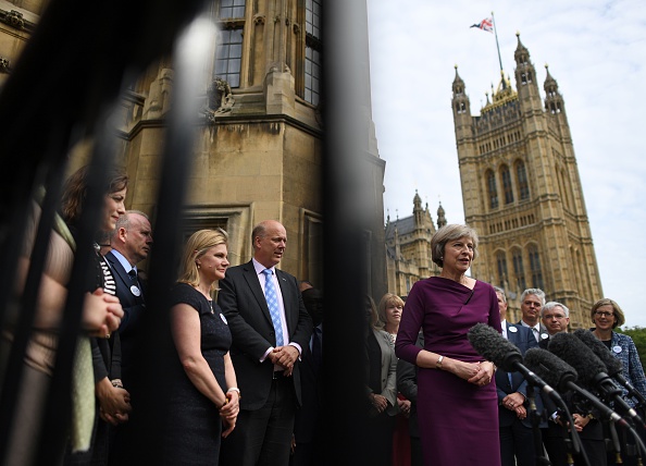 British Conservative party leadership candidate Theresa May speaks to members of the media at the Palace of Westminster in London on July 7.
Conservative lawmakers in Britain Thursday selected interior minister Theresa May and junior energy minister Andrea Leadsom as the two candidates to be prime minister and the choice will now go to party members.