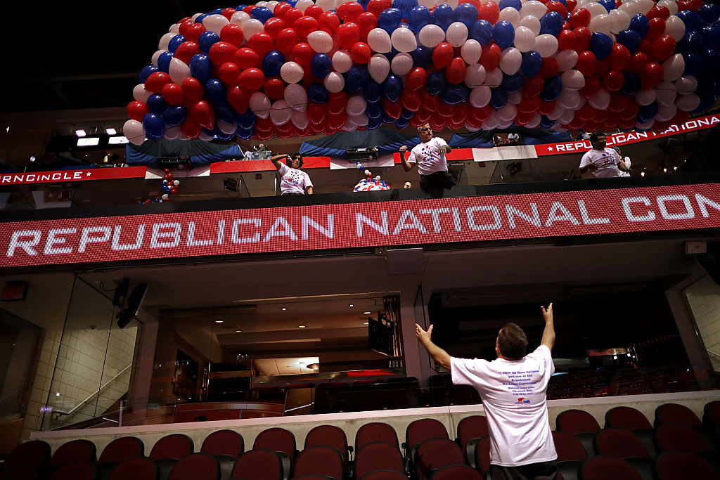 Volunteer Dave Strnisa helps move nets filled with thousands of red, white and blue balloons July 15 before they are lifted into the ceiling of the Quicken Loans Arena, the site of the Republican National Convention in Cleveland, Ohio. 