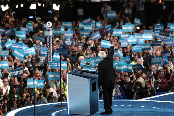 Sen. Bernie Sanders (I-VT) delivers remarks on the first day of the Democratic National Convention at the Wells Fargo Center, July 25 in Philadelphia, Pennsylvania.