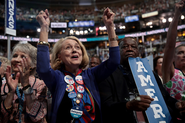 Delegates celebrate on the second day of the Democratic National Convention, July 26, 2016 in Philadelphia, Pennsylvania.