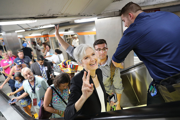 Green Party candidate Jill Stein speaks with supporters
in downtown Philadelphia during events at the Democratic National Convention on July 26 in Philadelphia, Pennsylvania.