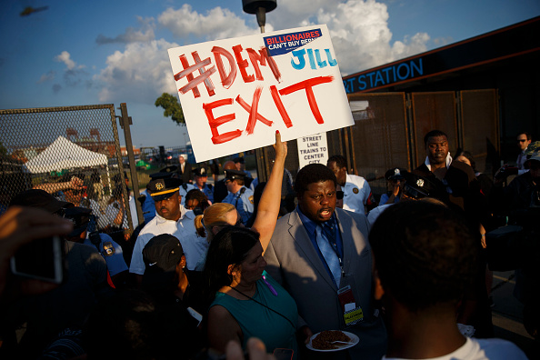 Supporters and delegates of former Democratic presidential candidate Bernie Sanders protest for a #DemExit outside the 2016 Democratic National Convention on July 27 in Philadelphia, Pennsylvania.