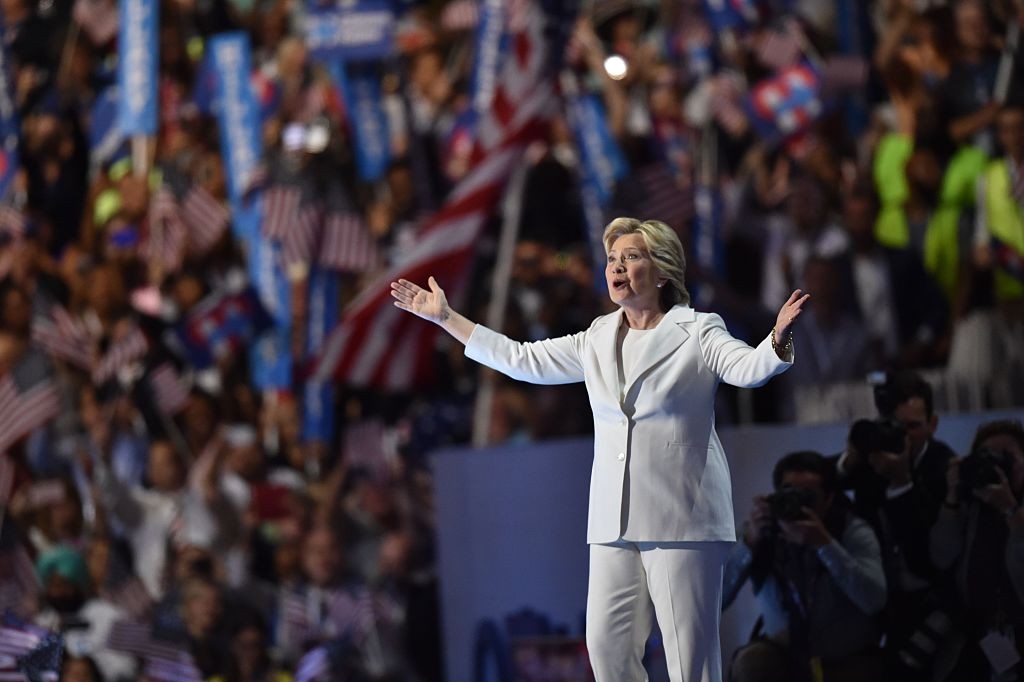 Democratic presidential nominee Hillary Clinton greets the audience during the fourth and final night of the Democratic National Convention on July 28 in Philadelphia, Pennsylvania.